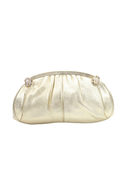 Judith Leiber Womens Leather Metallic Clasp Clutch Handbag Gold