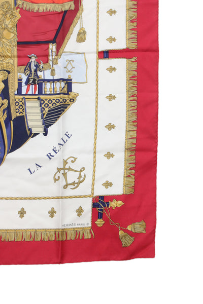 Hermes Womens La Reale by Hugo Grygkar Silk Red White Scarf 90cm