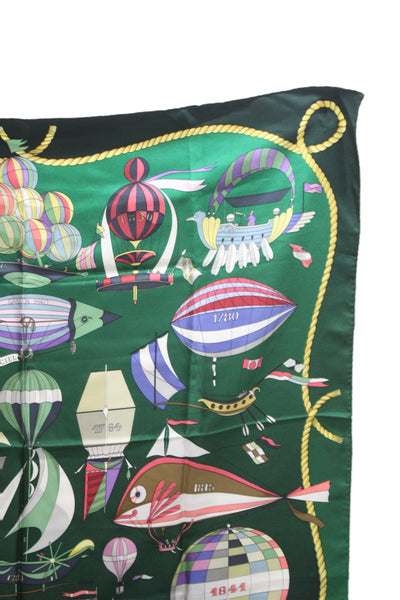 Hermes Womens Les Folies Du Ciel by Loic Dubigeon Silk Scarf Green 90cm