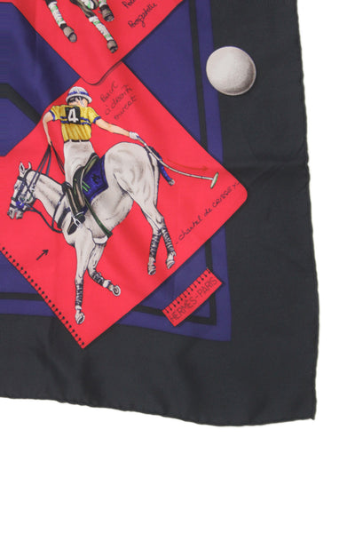 Hermes Womens Le Monde Du Polo by Chantal De Crissey Silk 90cm Scarf Red Combo