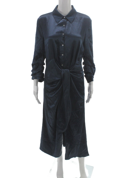 Cinq A Sept Women Blue Silk Shirt Dress Long Sleeve Collared Full-Length Size 8