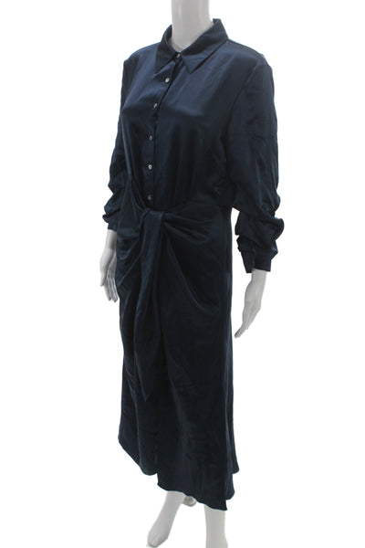 Cinq A Sept Women Blue Silk Shirt Dress Long Sleeve Collared Full-Length Size 8