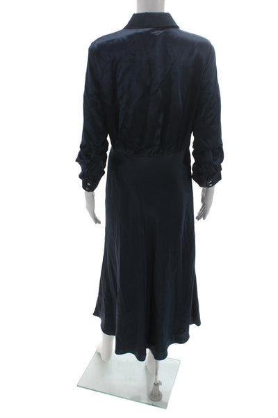 Cinq A Sept Women Blue Silk Shirt Dress Long Sleeve Collared Full-Length Size 8