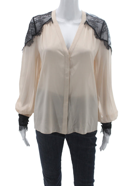 Alice + Olivia Womens Silk V-Neck Long Sleeve Basic Blouse Beige Button Size S