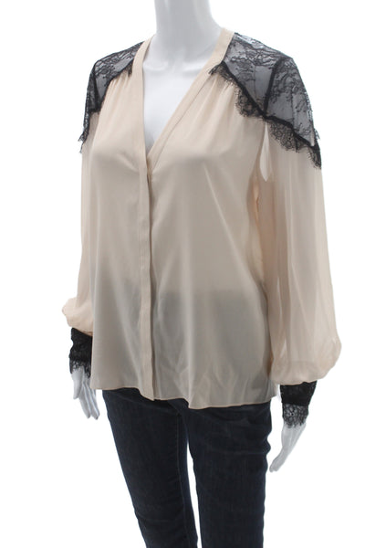 Alice + Olivia Womens Silk V-Neck Long Sleeve Basic Blouse Beige Button Size S