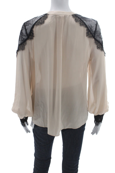 Alice + Olivia Womens Silk V-Neck Long Sleeve Basic Blouse Beige Button Size S