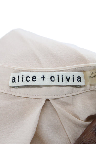 Alice + Olivia Womens Silk V-Neck Long Sleeve Basic Blouse Beige Button Size S