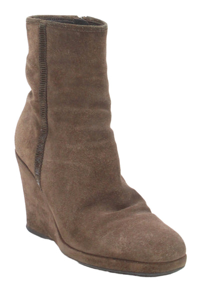 Prada Womens Suede Wedge High Heels Ankle Boots Shoes Brown Size 7