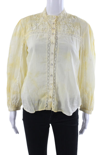 Love Shack Fancy Women Tunic Blouse Yellow Floral Cotton High Neck Boho Size S
