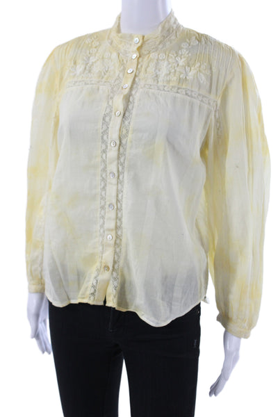 Love Shack Fancy Women Tunic Blouse Yellow Floral Cotton High Neck Boho Size S