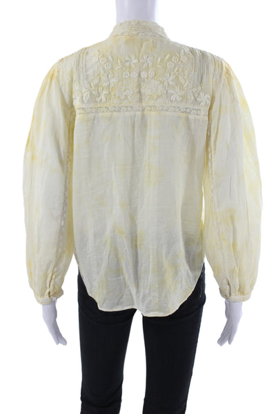 Love Shack Fancy Women Tunic Blouse Yellow Floral Cotton High Neck Boho Size S