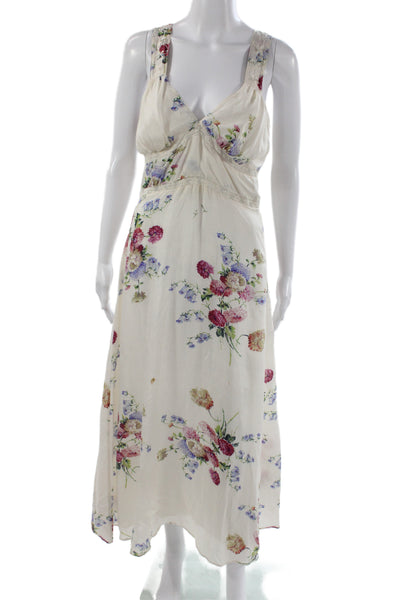Love Shack Fancy Womens Ivory Floral V-Neck Maxi Dress Sleeveless Cotton Size 0