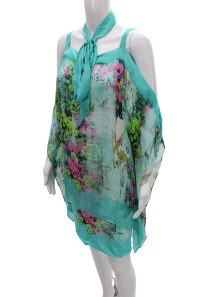Roberto Cavalli Women Kaftan Dress Green Floral Scoop Neck Sleeveless Size 40
