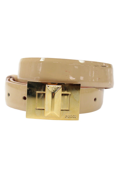 Emilio Pucci Womens Patent Leather Gold Tone Skinny Belt Beige Size Extra Small