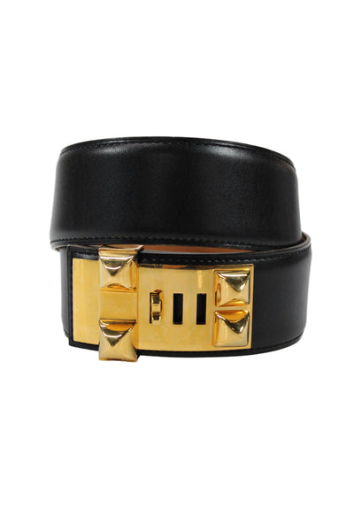 Hermes Womens Leather Gold Tone Metal Closure Belt Black Size EUR 60
