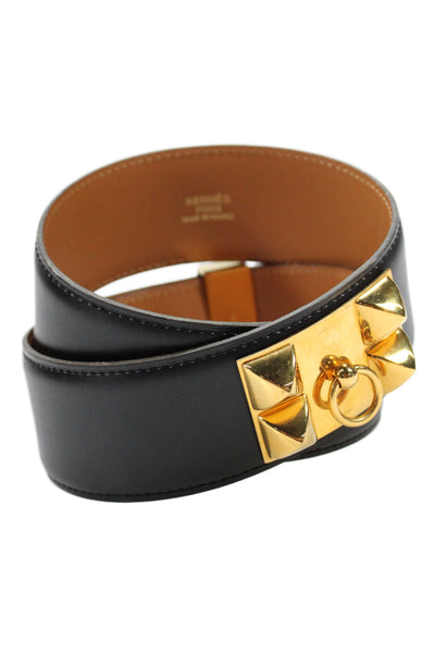 Hermes Womens Leather Gold Tone Metal Closure Belt Black Size EUR 60
