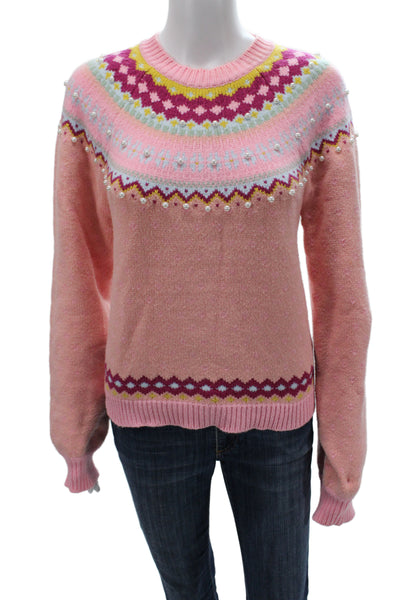 Love Shack Fancy Women Fair Isle Pink Crew Neck Pullover Sweater Size M