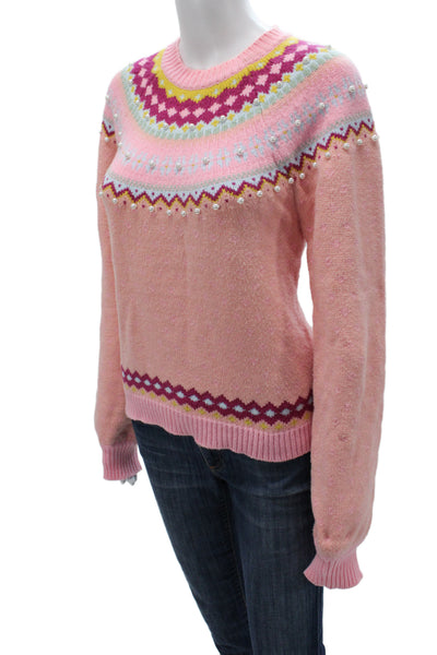 Love Shack Fancy Women Fair Isle Pink Crew Neck Pullover Sweater Size M