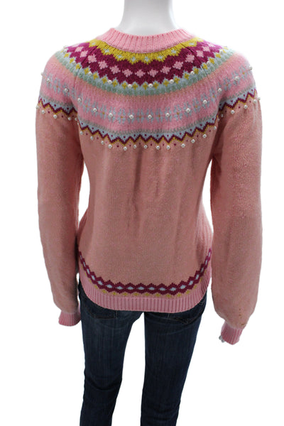 Love Shack Fancy Women Fair Isle Pink Crew Neck Pullover Sweater Size M
