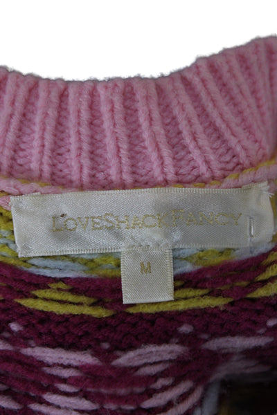 Love Shack Fancy Women Fair Isle Pink Crew Neck Pullover Sweater Size M
