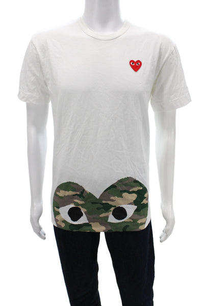 Play Comme Des Garcons Mens Basic White Cotton Camo Crew Neck T-Shirt Size XL