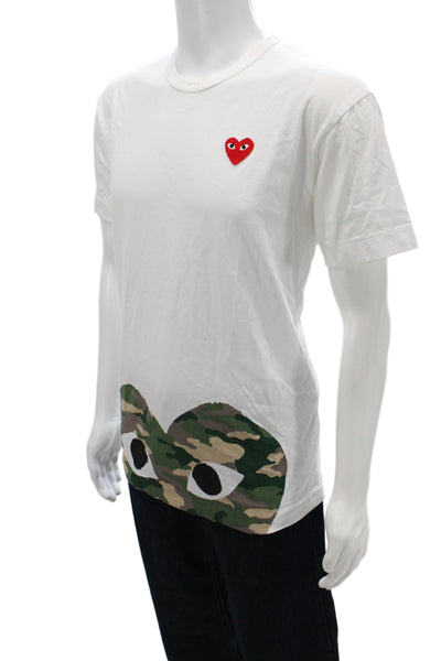 Play Comme Des Garcons Mens Basic White Cotton Camo Crew Neck T-Shirt Size XL