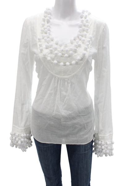 Tory Burch Women Tunic Blouse White Scoop Neck Long Sleeve Cotton Boho Size 10