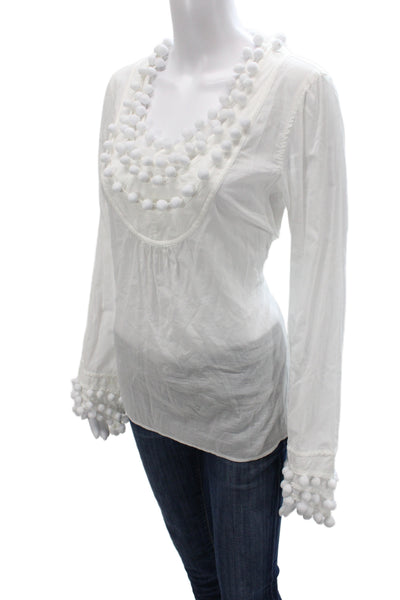 Tory Burch Women Tunic Blouse White Scoop Neck Long Sleeve Cotton Boho Size 10