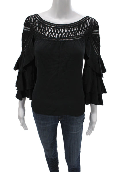 3.1 Phillip Lim Women Tunic Blouse Black Silk Boat Neck 3/4 Sleeve Size 6