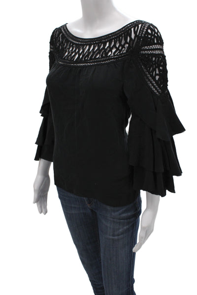 3.1 Phillip Lim Women Tunic Blouse Black Silk Boat Neck 3/4 Sleeve Size 6