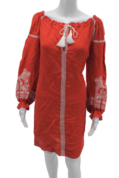 Maje Women Red Off Shoulder Long Sleeve Shift Dress Tie Waist Size 2