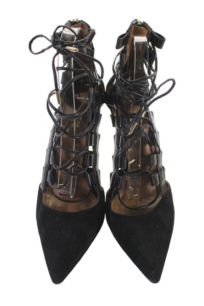 Aquazzura Womens Suede Pointed Toe Strappy High Heels Shoes Black Size 10