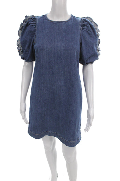 Ulla Johnson Women Shift Dress Blue Crew Neck Short Sleeve Size 0