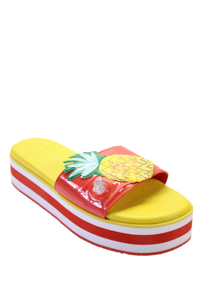 Kate Spade Womens Leather Pineapple Stripe Sandals Yellow White Orange Size 9