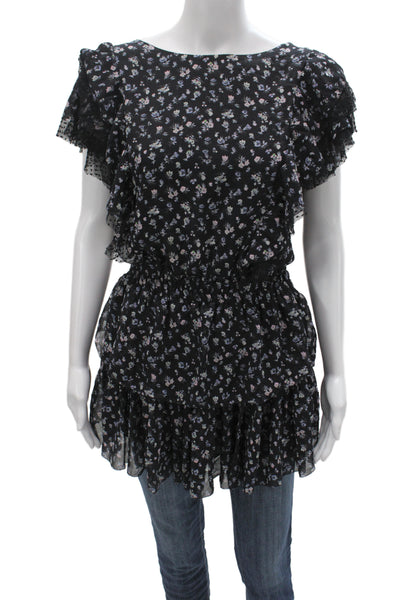 Love Shack Fancy Women Black Floral Silk Tunic Blouse Short Sleeve Size M