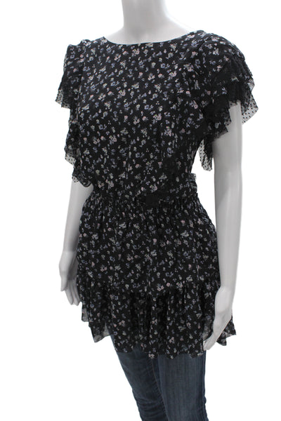 Love Shack Fancy Women Black Floral Silk Tunic Blouse Short Sleeve Size M