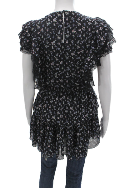 Love Shack Fancy Women Black Floral Silk Tunic Blouse Short Sleeve Size M