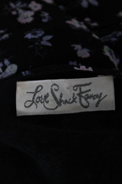 Love Shack Fancy Women Black Floral Silk Tunic Blouse Short Sleeve Size M