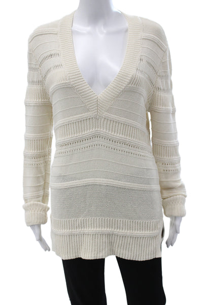 Veronica Beard Women Ivory Striped V-Neck Pullover Long Sleeve Cotton Size L