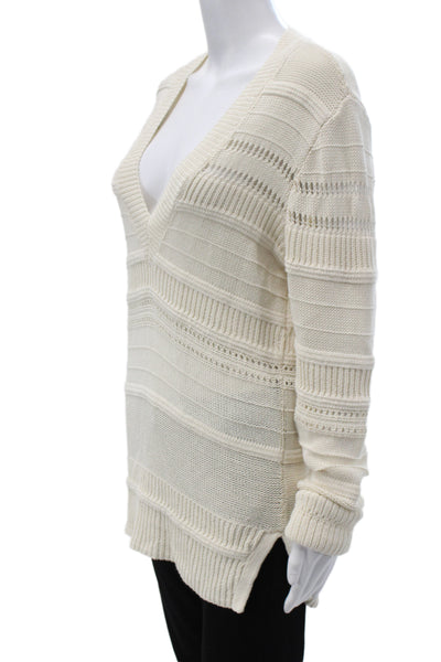 Veronica Beard Women Ivory Striped V-Neck Pullover Long Sleeve Cotton Size L