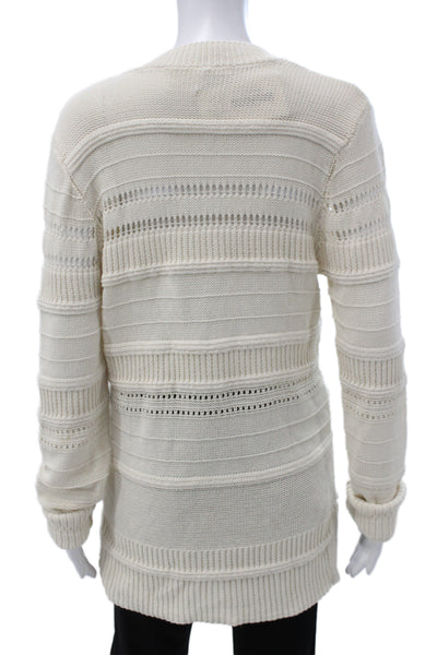 Veronica Beard Women Ivory Striped V-Neck Pullover Long Sleeve Cotton Size L