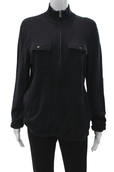 Michael Kors Women Full Zip Mock Neck Black Cotton Sweater Long Sleeve Size M