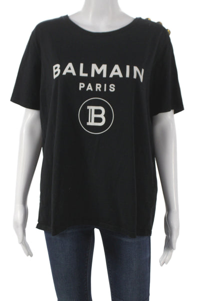 Balmain Women Jersey T-Shirt Black Crew Neck Short Sleeve 100% Cotton Size 2XL