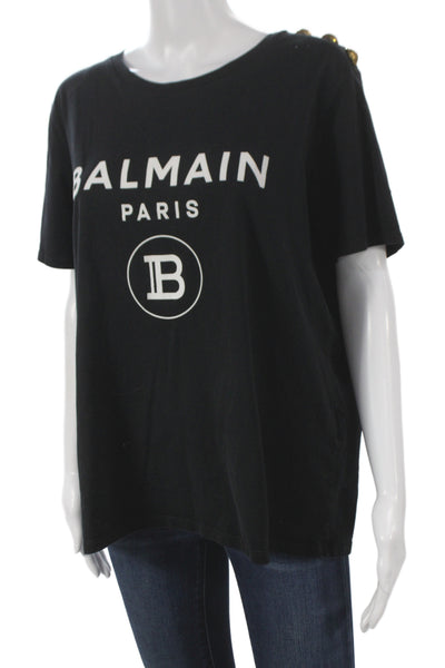 Balmain Women Jersey T-Shirt Black Crew Neck Short Sleeve 100% Cotton Size 2XL