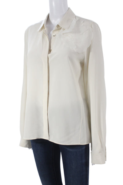Akris Women Mulberry Silk Ivory Collared Long Sleeve Basic Blouse Size 6