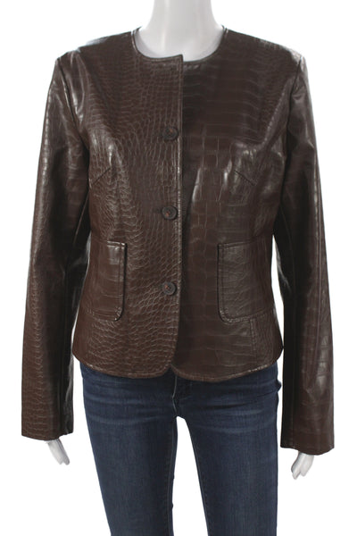 LaMarque Women Brown Animal Print Basic Jacket Button 100% Polyurethane Size M