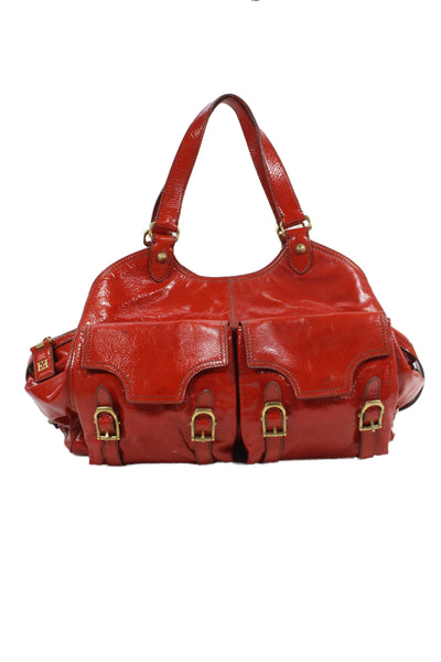 Escada Womens Patent Leather Gold Tone Large Shoulder Handbag Orange