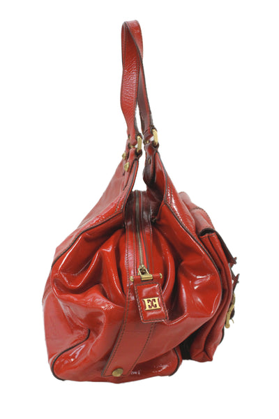 Escada Womens Patent Leather Gold Tone Large Shoulder Handbag Orange