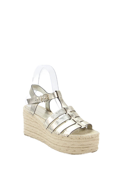 Tory Burch Womens Leather Espadrille Wedge Platform Sandals Shoes Gold Sz 6.5