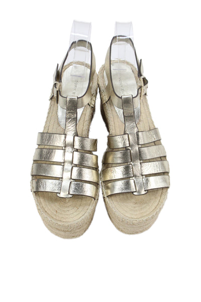 Tory Burch Womens Leather Espadrille Wedge Platform Sandals Shoes Gold Sz 6.5